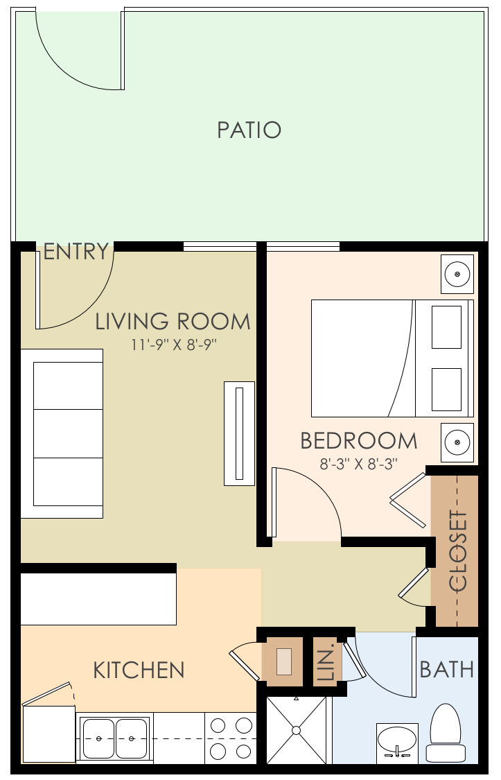 Floor plan for 1 bed, 1 bath, 350 sqft